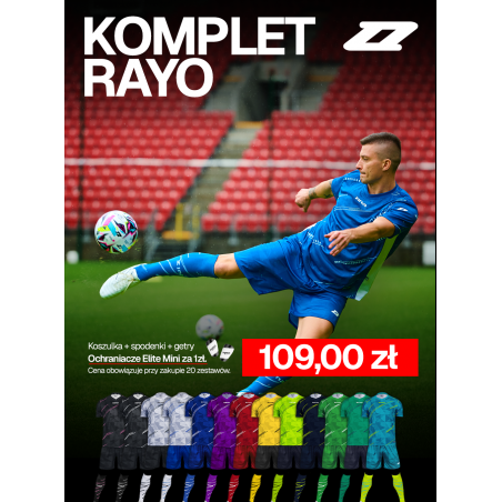Pakiet Komplet ZINA RAYO x20 (koszulka + spodenki + getry + ochraniacze za 1 zł)