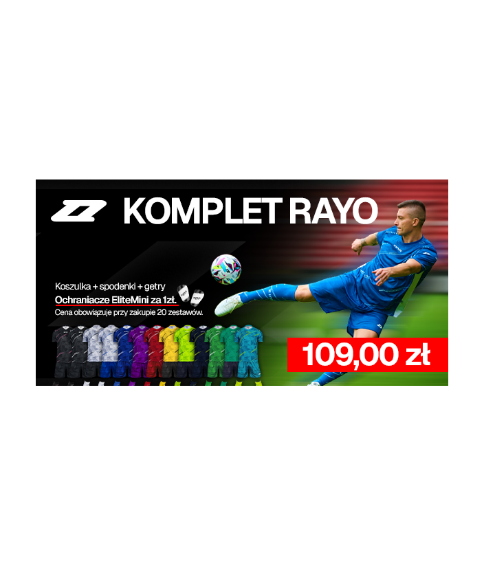 Pakiet Komplet ZINA RAYO x20 (koszulka + spodenki + getry + ochraniacze za 1 zł)