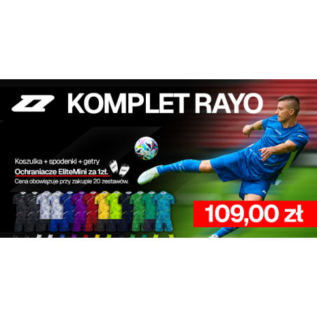 Pakiet Komplet ZINA RAYO x20 (koszulka + spodenki + getry + ochraniacze za 1 zł)